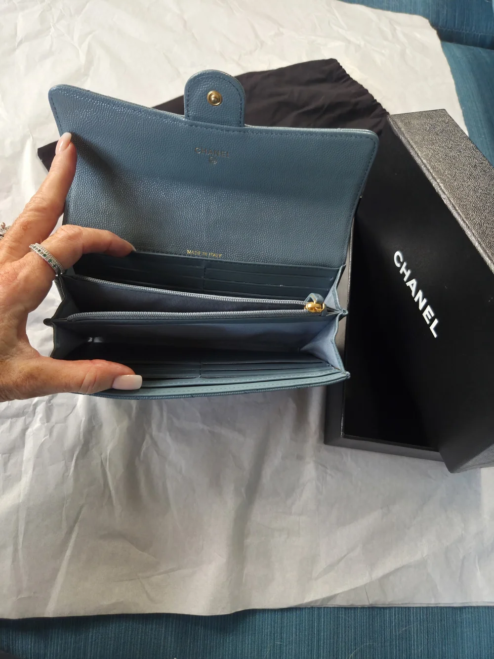 Chanel Quilted Caviar Leather Long Wallet in Light Slate Blue